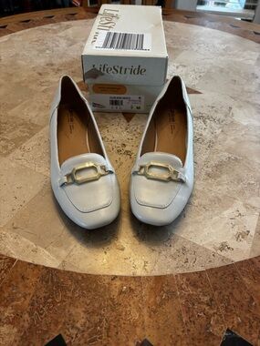 Life Stride White Leather Slip-On Loafers with Gold Accent